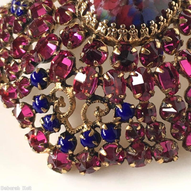 Schreiner high domed radial diamond shaped pin large oval cab center filigree 5 rounds scrollwork fuchsia lapis multicolor large oval cab center goldtone jewelry