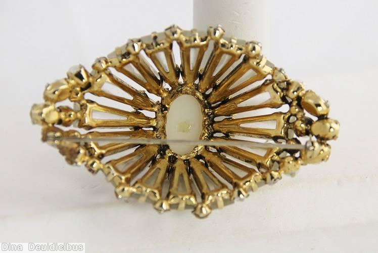 Schreiner high domed radial eye shaped ruffle pin keystone large oval center clear keystone faux pearl goldtone jewelry