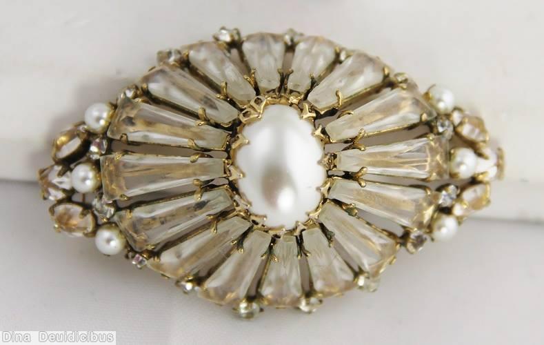 Schreiner high domed radial eye shaped ruffle pin keystone large oval center clear keystone faux pearl goldtone jewelry