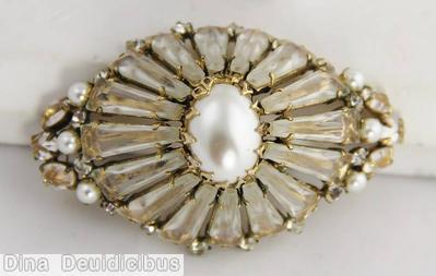 Schreiner high domed radial eye shaped ruffle pin keystone large oval center clear keystone faux pearl goldtone jewelry