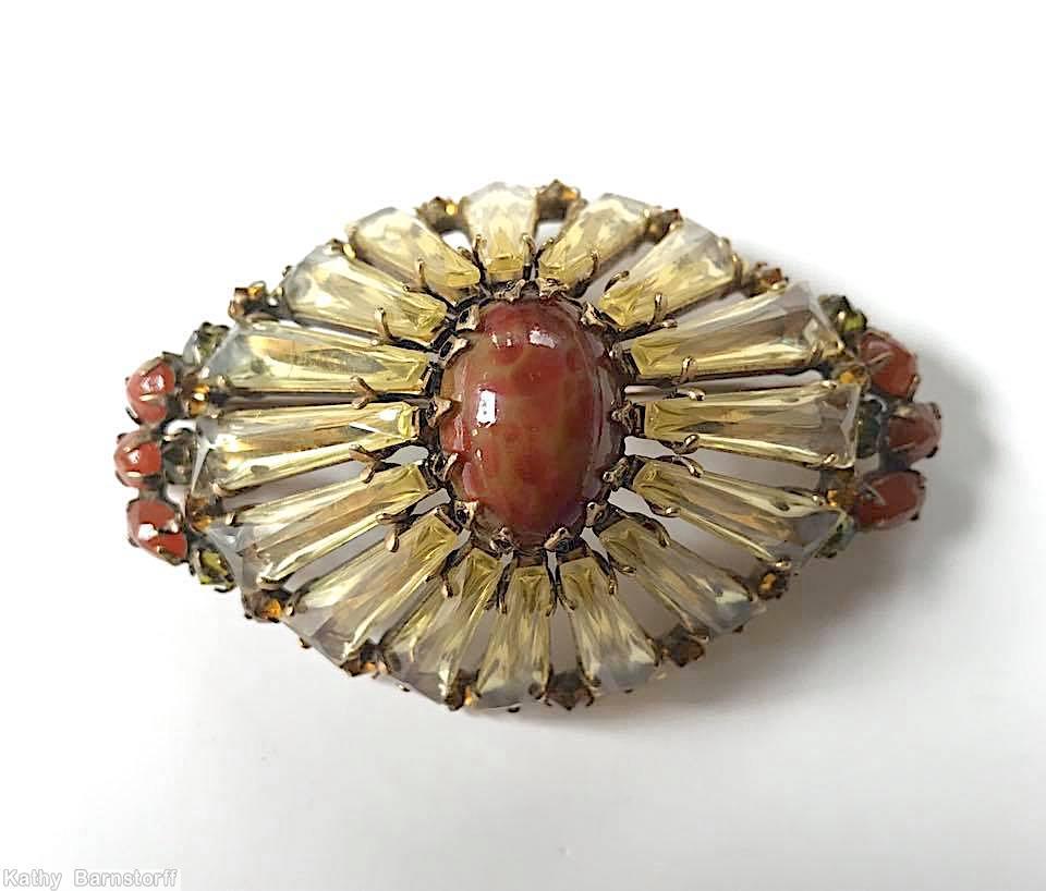Schreiner high domed radial eye shaped ruffle pin keystone large oval center marbled carnelian large oval cab center clear champgne keystone carnelian faceted oval stone goldtone jewelry
