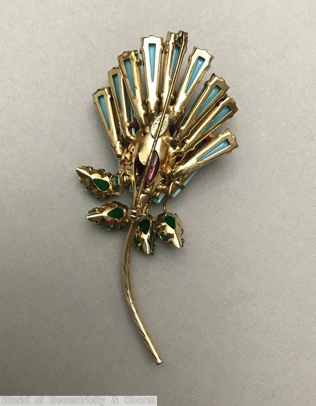 Schreiner keystone tulip pin long stem 4 leaf large bead center ruby bubble baby blue keystone carved green leaf jewelry