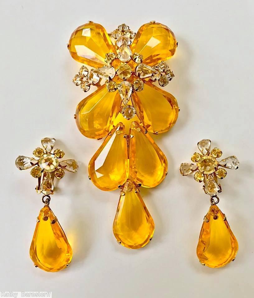 Schreiner large 7 faceted teardrop dangling pendant amber large clear faceted teardrop clear champgne goldtone jewelry