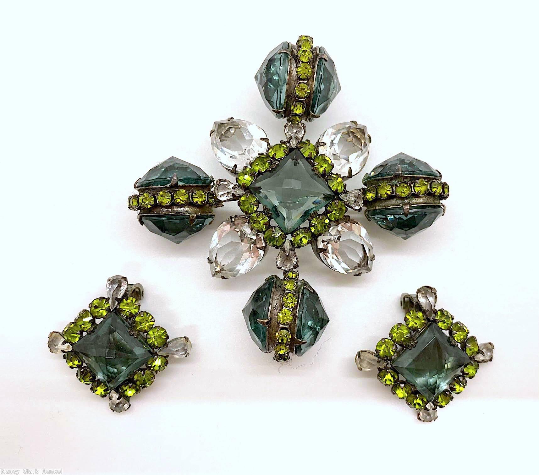 Schreiner large back to back pointy faceted stone cross pin raised faceted square center 4 large faceted teardrop smoky green large pointed faceted stone olivine small inverted stone large crystal faceted teardrop jewelry