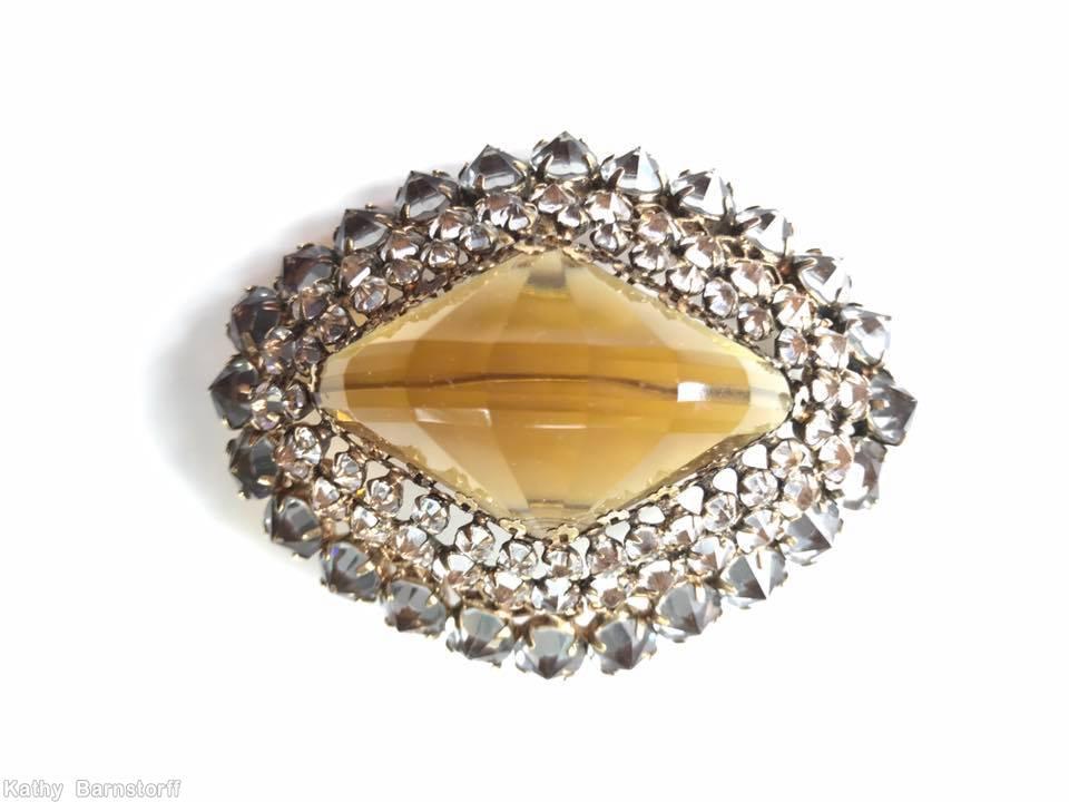 Schreiner large diamond center stone filigree domed diamond shaped pin 3 rounds large faceted diamond shaped clear brown inverted smoke inverted crystal jewelry