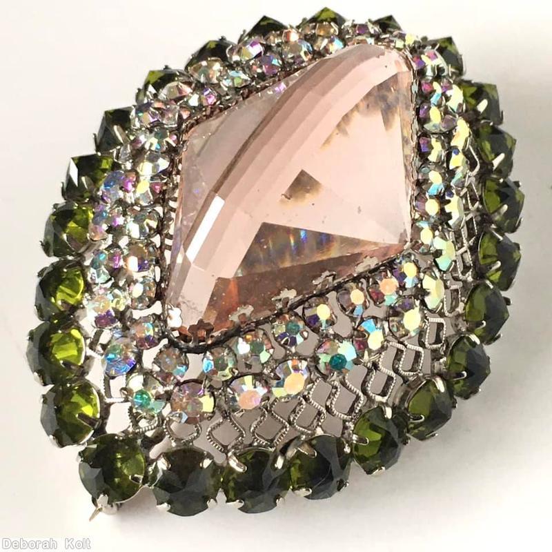 Schreiner large diamond center stone filigree domed diamond shaped pin 3 rounds peridot inverted ab chaton crystal peach large center silvertone jewelry