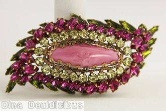 Schreiner large elongated hexagon stone center leaf shaped pin 3 rounds fuchsia peridot marbled pink crystal jewelry
