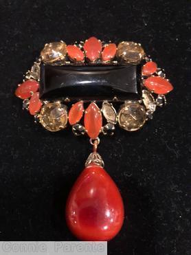 Schreiner large elongated rectangle stone top down 1 dangle pin large teardrop dangle 4 chaton corner navette surrounding coral red clear peach jet *missing stone jewelry