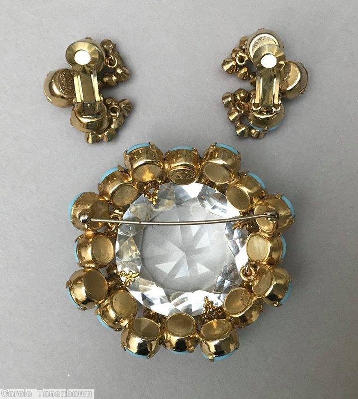 Schreiner large faceted open back center domed round pin 8 waves of seeds 16 oval stone side baby blue chaton clear champagne inverted coral crystal goldtone jewelry