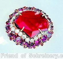 Schreiner large faceted open back stone domed fan shaped pin 3 rounds 16 oval cab side clear ruby large faceted fun shaped stone purple crystal goldtone jewelry