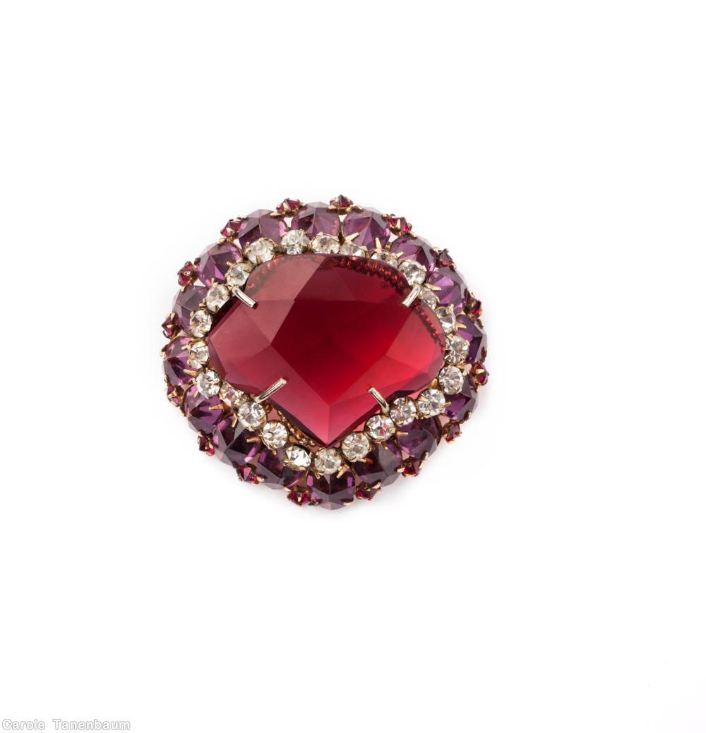 Schreiner large faceted open back stone domed fan shaped pin 3 rounds 16 oval cab side clear ruby large faceted fun shaped stone purple crystal goldtone jewelry