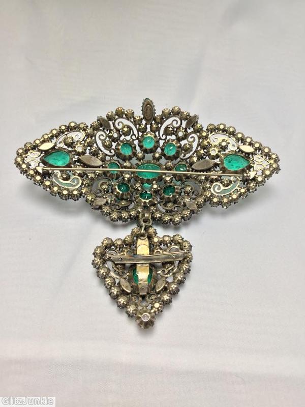 Schreiner large filigree top down heart shaped pin dangle 8 large chaton large oval center 2 teardrop crystal emerald faux pearl silvertone jewelry