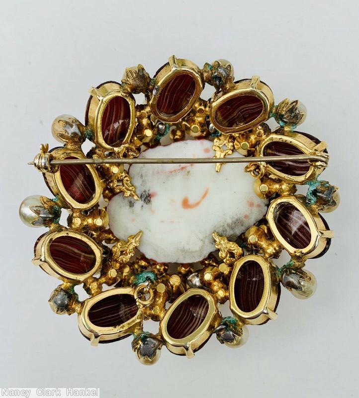 Schreiner large moon rock center domed radial pin 20 faux pearl 5 moon rock side 10 swirled large oval cab white stripped dark brown faux pearl coral moon rock clear champgne inverted chaton crystal small chaton jewelry