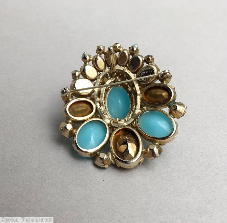 Schreiner large oval center teardrop shaped pin varied size oval cab inverted stone 2 rounds around center metalic brown baby blue peridot apple green jewelry