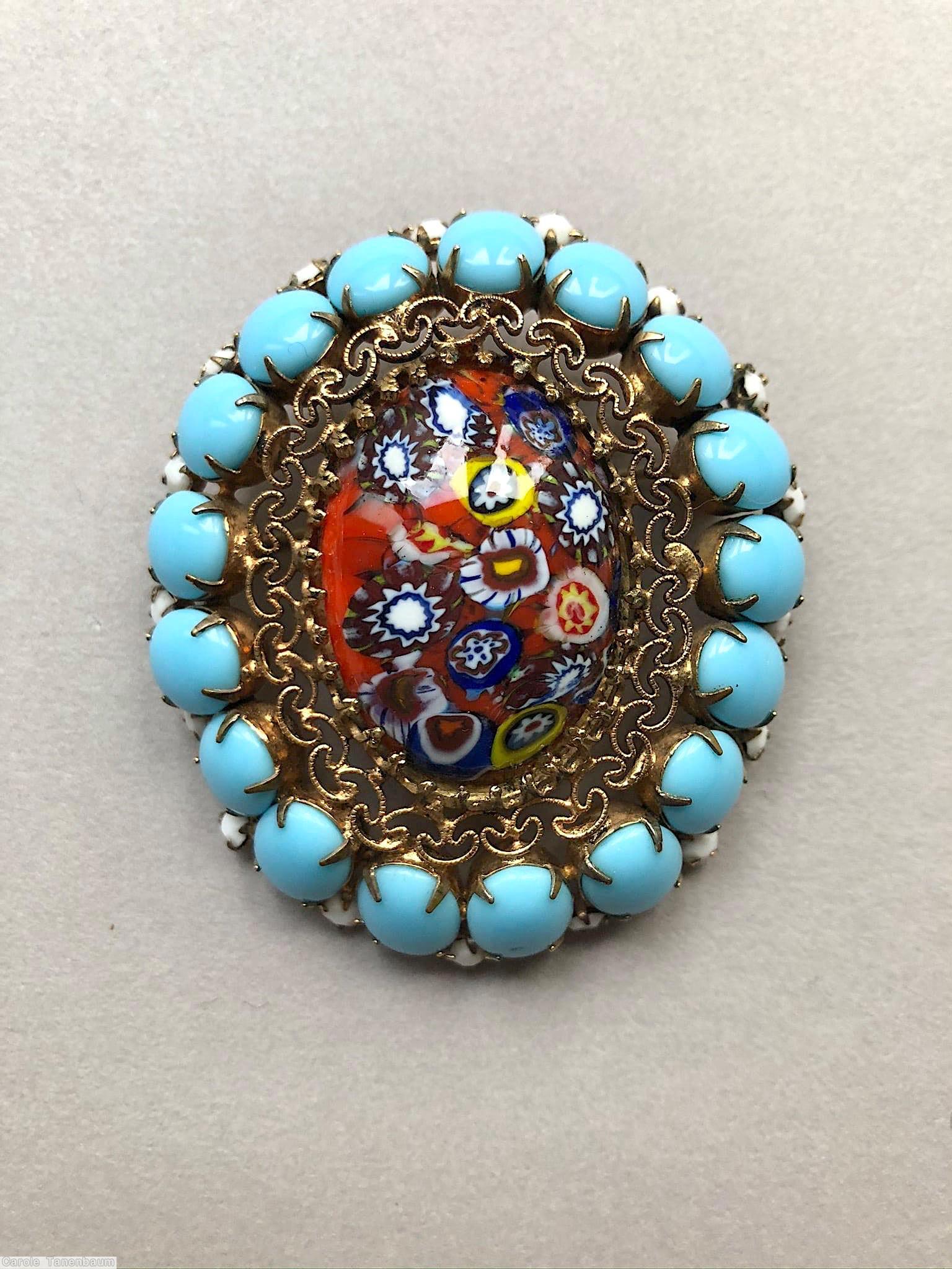 Schreiner large oval millefiori center domed oval pin filigree 17 oval cab side opaque baby blue white seeds goldtone jewelry