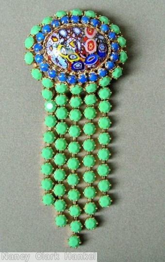 Schreiner large oval millefiori top 21 surrounding small stone 5 dangling fringe opaque green jewelry