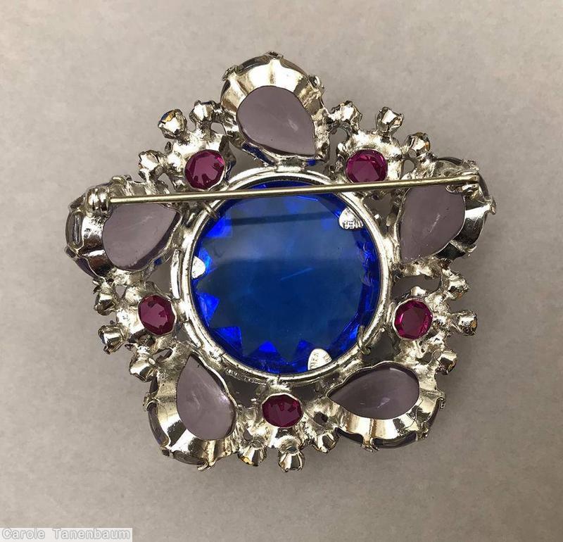 Schreiner large round open back rose cut center pentagram pin 5 corner stone blue center stone fuchsia lavender teardrop blue jewelry