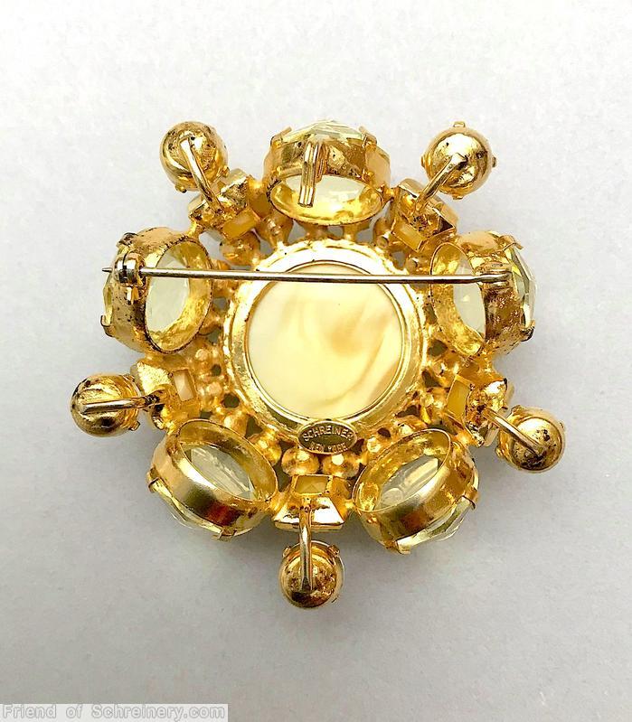 Schreiner large round open back rose cut center pentagram pin 5 corner stone moonglow honey large round art glass white clear champgne inverted goldtone jewelry