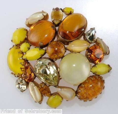 Schreiner large stone round domed end of day pin lime crystal moonglow ice yellow amber moonglow yellow jewelry