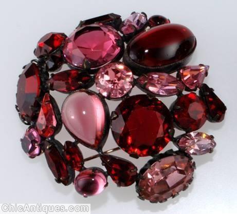 Schreiner large stone round domed end of day pin ruby clear pink dark red jewelry