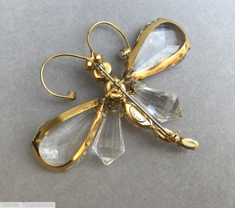 Schreiner large teardrop wing dragonfly pin crystal amber faux pearl seeds jewelry