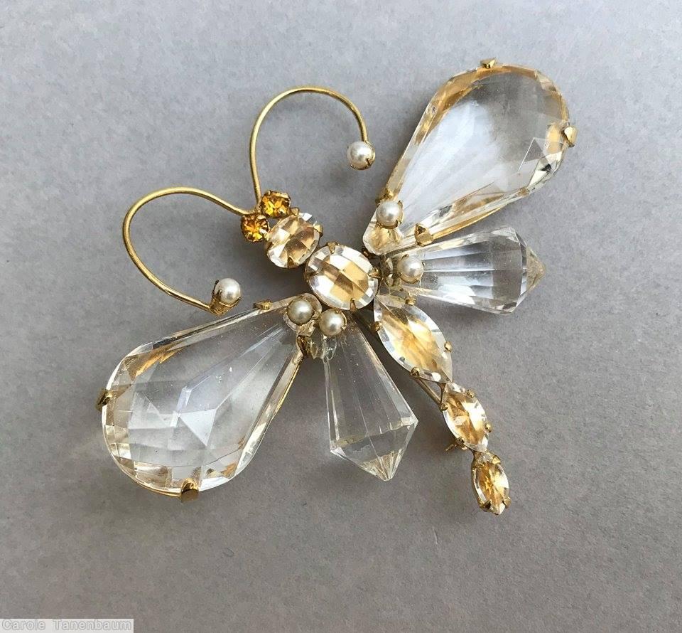 Schreiner large teardrop wing dragonfly pin crystal amber faux pearl seeds jewelry