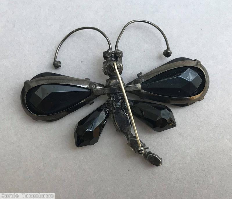 Schreiner large teardrop wing dragonfly pin crystal jet jewelry