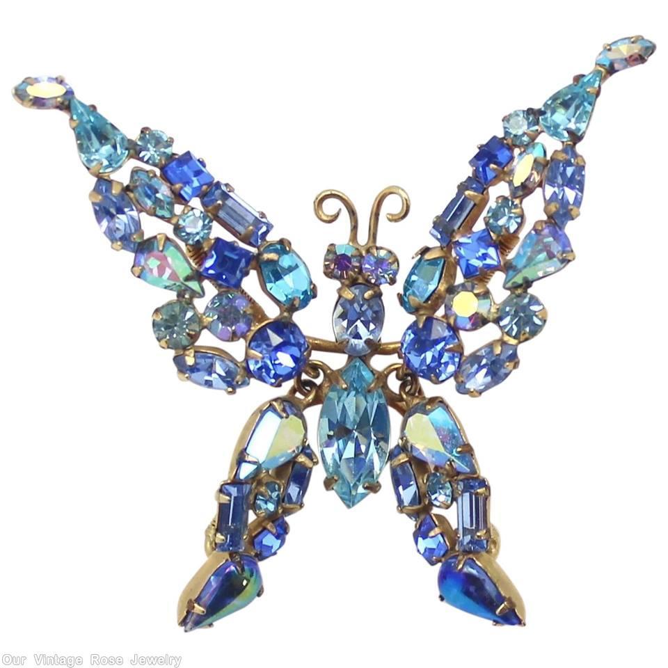 Schreiner large trembling wing butterfly pointy wing ab aqua blue jewelry