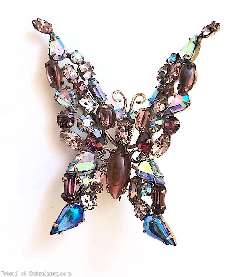 Schreiner large trembling wing butterfly pointy wing ab crystal brown goldtone jewelry