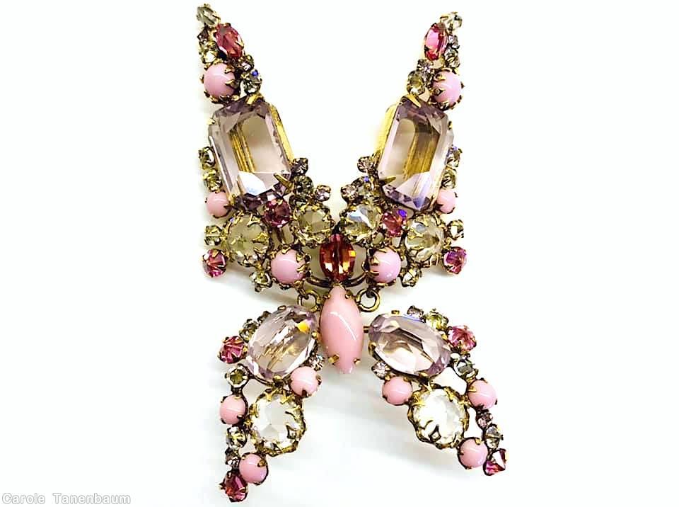 Schreiner large trembling wing butterfly pointy wing opaque pink ice lavender large open back emerald cut clear champagne inverted stone fuscha small chaton goldtone jewelry