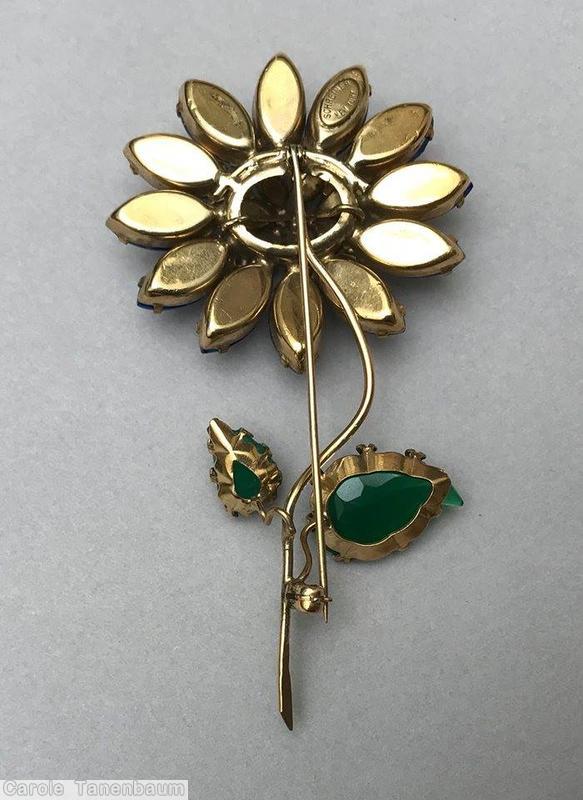 Schreiner long stem 2 level flower pin 2 carved leaf 7 navette top 12 navette bottom blue aqua green jewelry