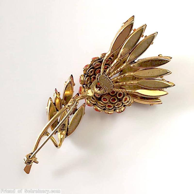 Schreiner long stem thistle pin 6 navette leaf inverted clustered half ball navette petal ruby navette red opaque inverted stone goldtone jewelry