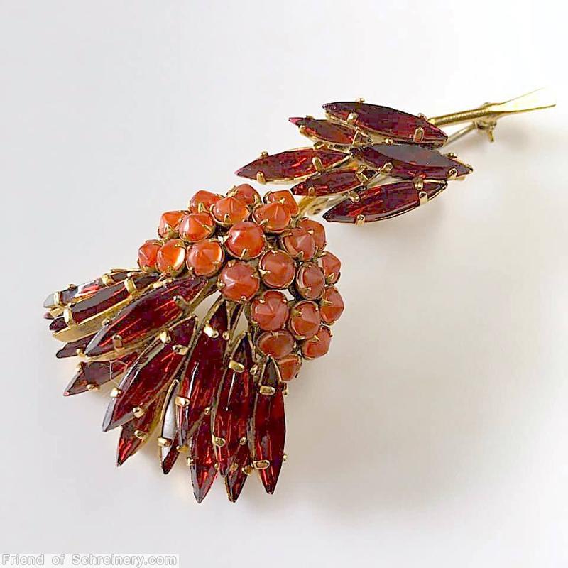 Schreiner long stem thistle pin 6 navette leaf inverted clustered half ball navette petal ruby navette red opaque inverted stone goldtone jewelry