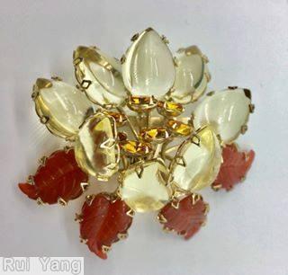 Schreiner lotus pin 8 large teardrop 4 engraved leaf clear champagne siam red engraved leaf yellow goldtone jewelry