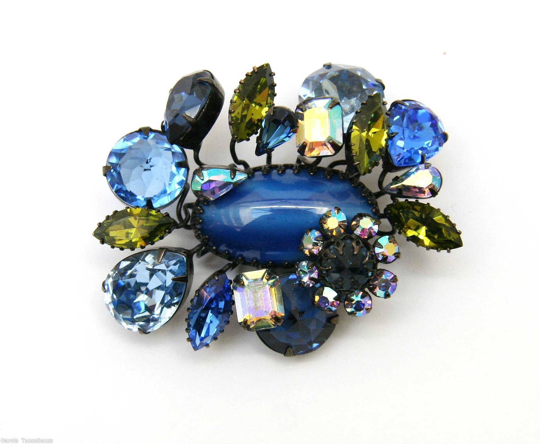 Schreiner many branch 1 flower sprawling large oval center pin blue marina blue peridot ab crystal smoke jewelry