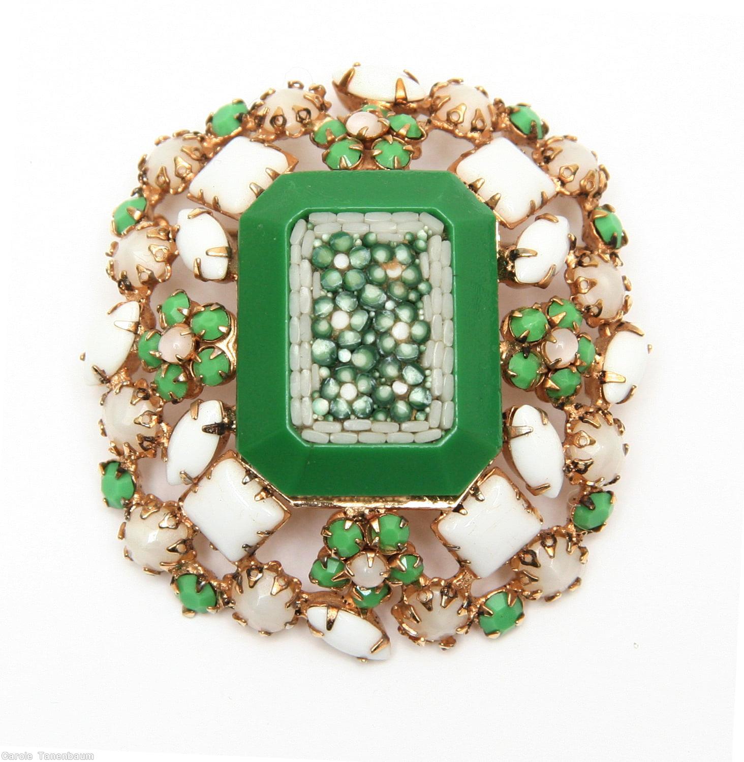 Schreiner mosaic rectangle stone center domed oval pin 4 clustered flower green white moonglow white goldtone jewelry