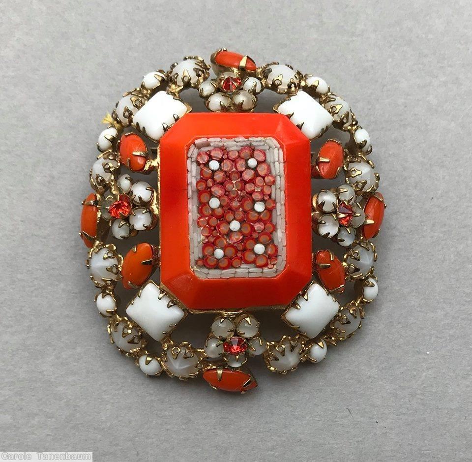 Schreiner mosaic rectangle stone center domed oval pin 4 clustered flower red white moonglow white jewelry