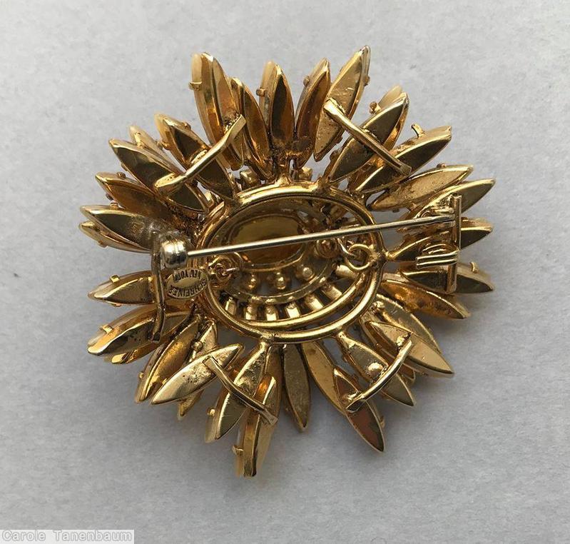 Schreiner navette ruffle pin hook eye domed oval center 2 rounds surrounding stone amber brown moonglow ice brown jewelry