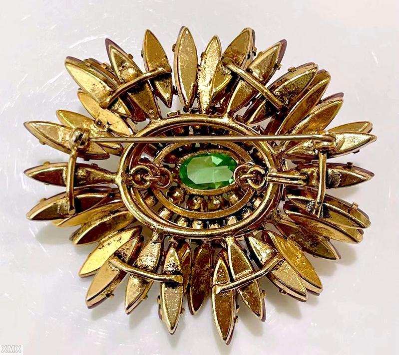 Schreiner navette ruffle pin hook eye domed oval center 2 rounds surrounding stone opaque lavender navette clear apple green faceted large oval center stone fuchsia small inverted stone purple small baguette goldtone jewelry