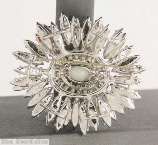 Schreiner navette ruffle pin hook eye domed oval center 2 rounds surrounding stone white crystal jewelry