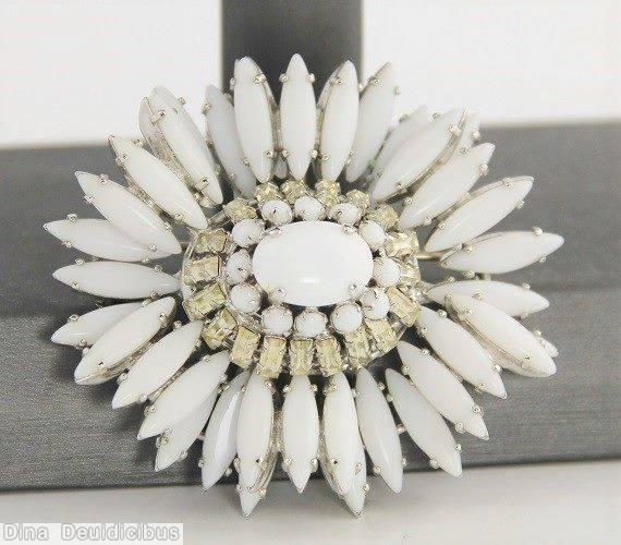 Schreiner navette ruffle pin hook eye domed oval center 2 rounds surrounding stone white crystal jewelry