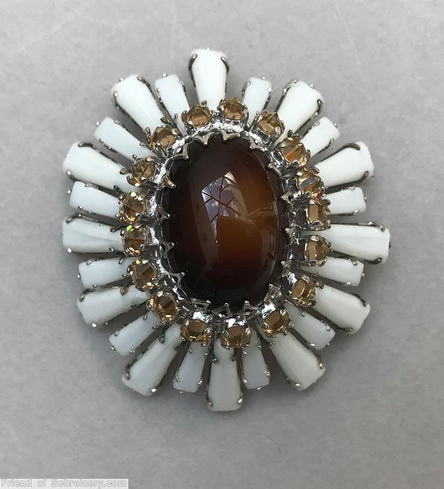 Schreiner oval high domed keystone ruffle pin large oval center varied length keystone white keystone 1 round inverted ice brown stone brown large oval cab center silvertone jewelry