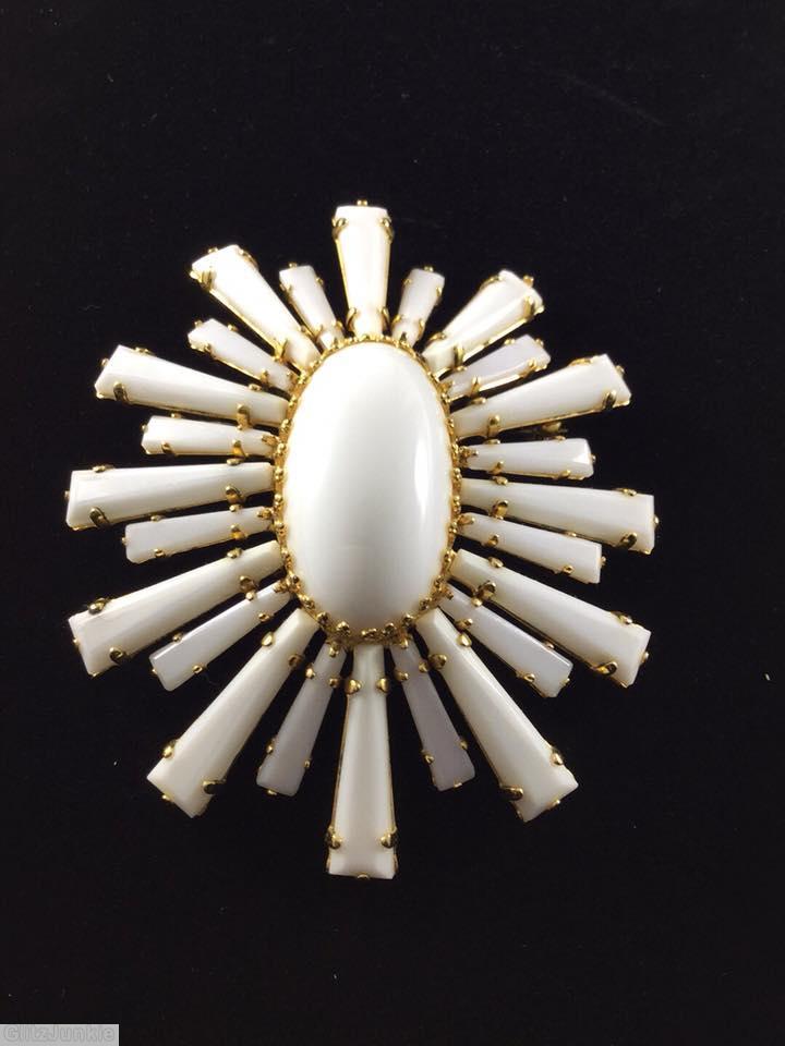 Schreiner oval high domed keystone ruffle pin large oval center varied length keystone white goldtone jewelry
