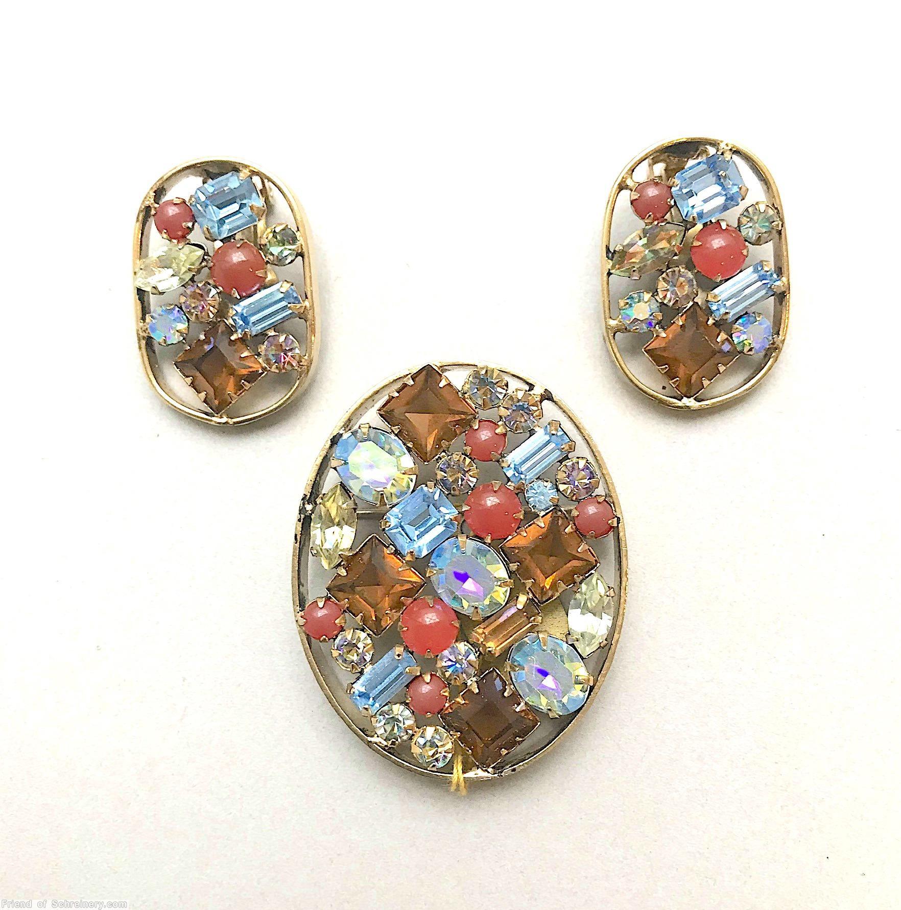Schreiner oval shadow box pin 4 square stone brown square stone ice blue carnelian chaton crystal jewelry