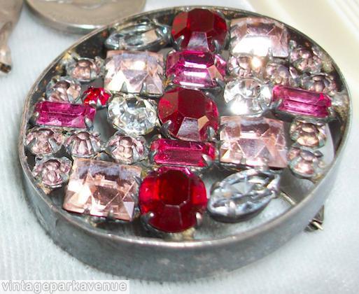 Schreiner oval shadow box pin 4 square stone ruby ab brown fuchsia pink ab jewelry