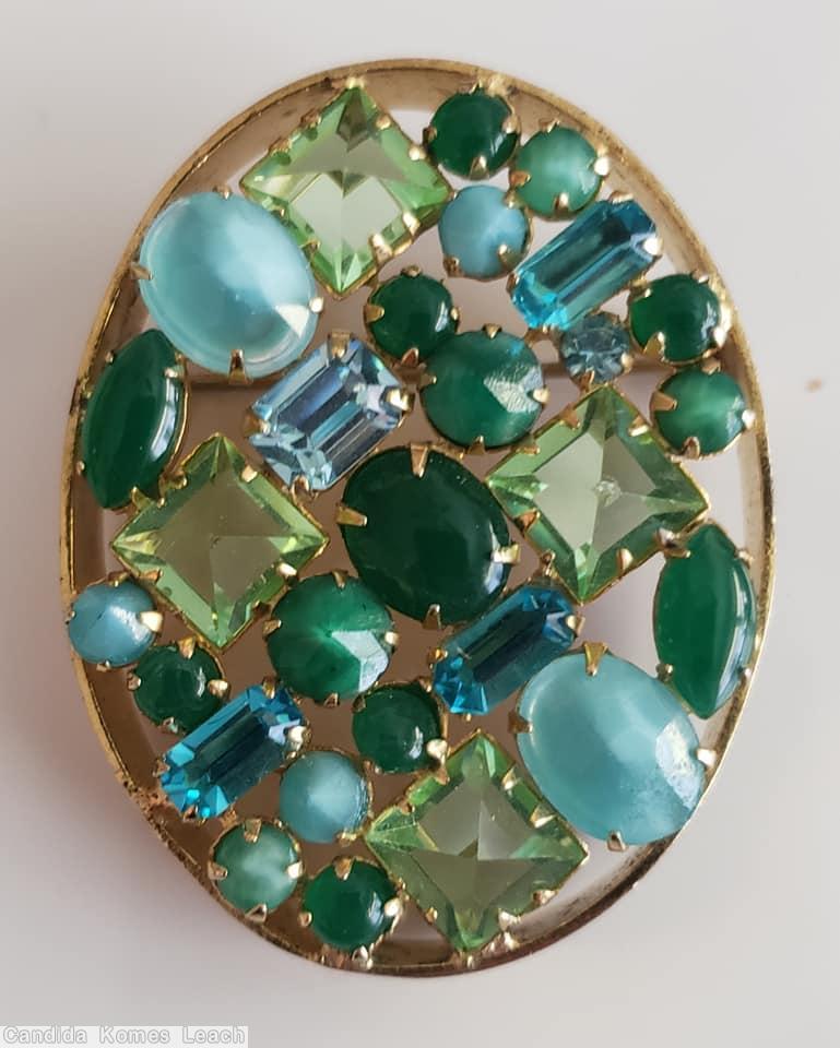 Schreiner oval shadow box pin 4 square 3 oval moonglow aqua ice blue aqua emerald apple green goldtone jewelry