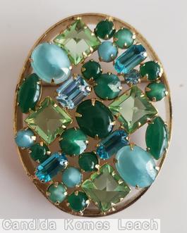Schreiner oval shadow box pin 4 square 3 oval moonglow aqua ice blue aqua emerald apple green goldtone jewelry