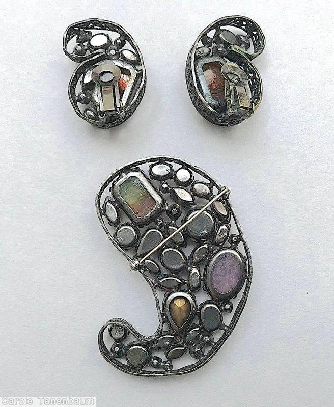 Schreiner paisley shadow box pin 3 large baguette bicolor marbled purple green purple lavender crystal pink fluss lapis jewelry