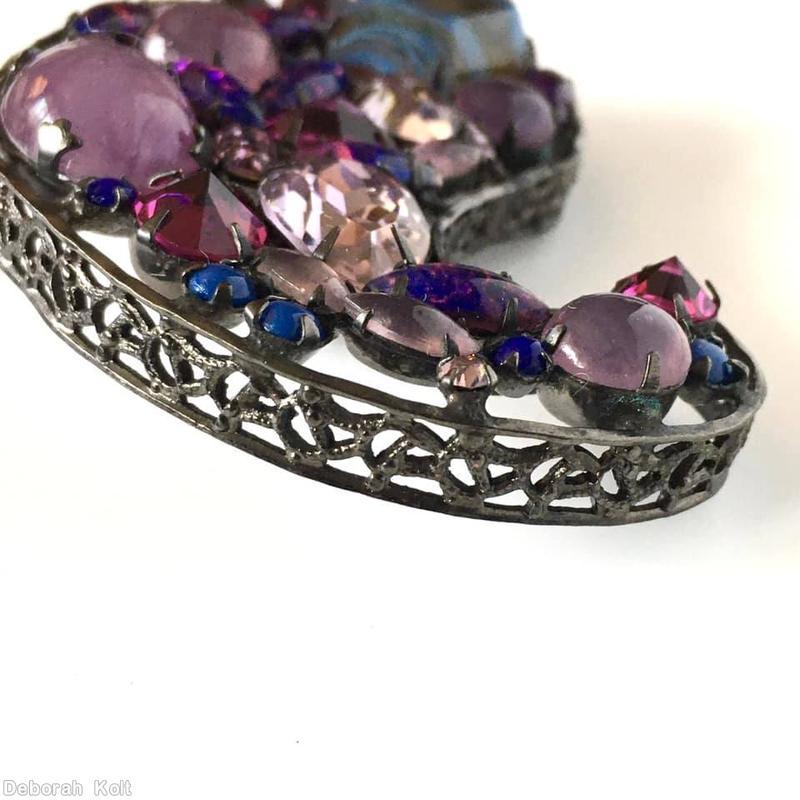 Schreiner paisley shadow box pin 3 large baguette bicolor marbled purple green purple lavender crystal pink fluss lapis jewelry