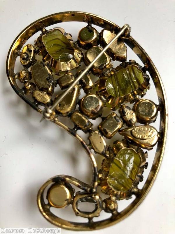 Schreiner paisley shadow box pin 3 large baguette marbled green amber smoke peridot jewelry